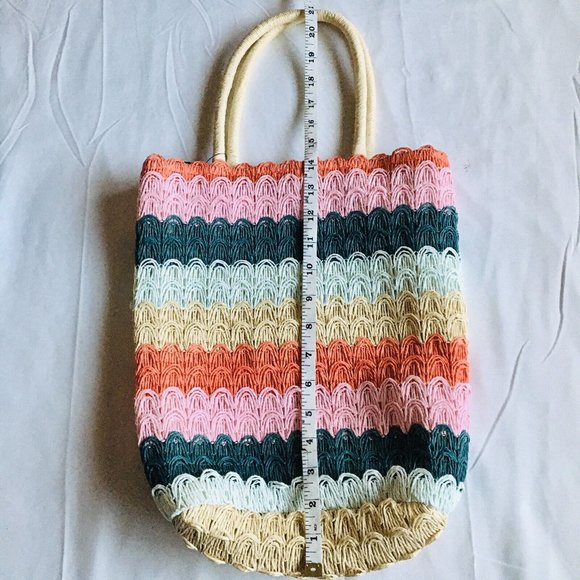 Colorful Striped Straw Tote Bag Double Straps - Picture 7 of 8